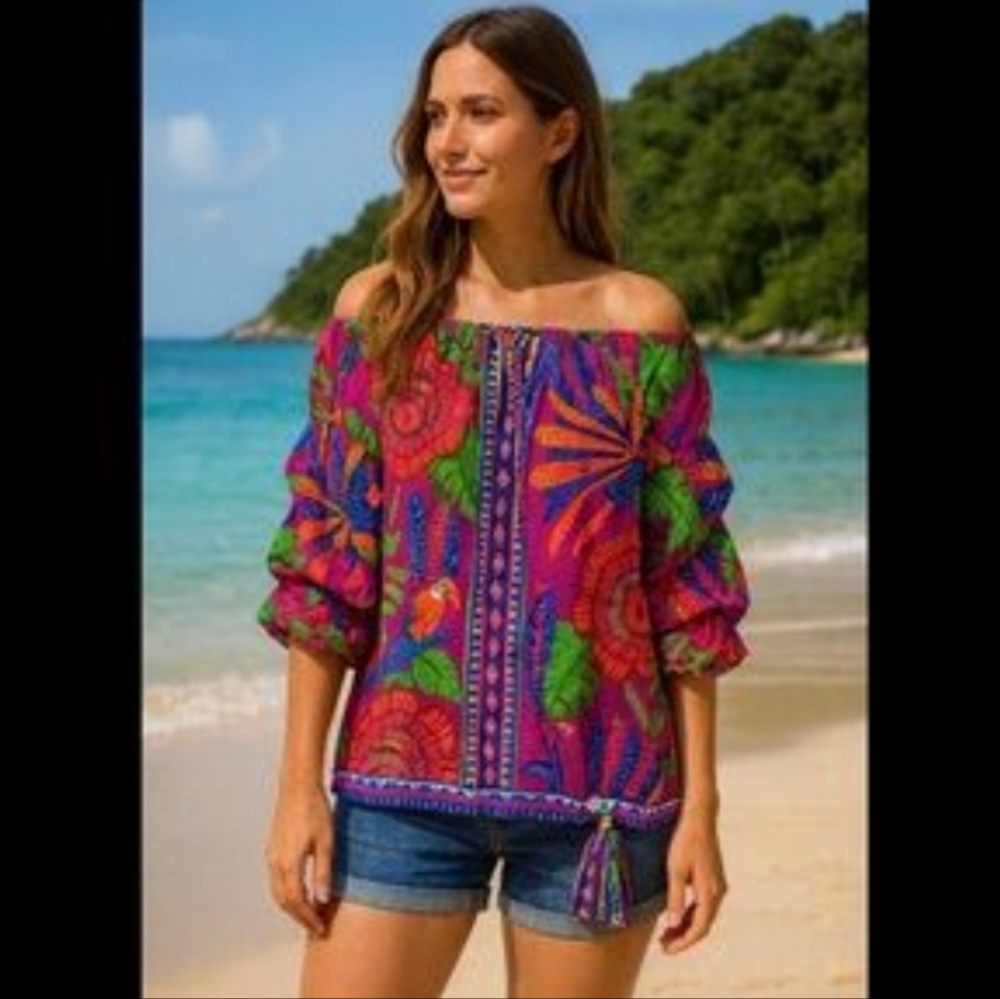 CeCe Off The Shoulder Gathered Sleeve Toucan Top‎